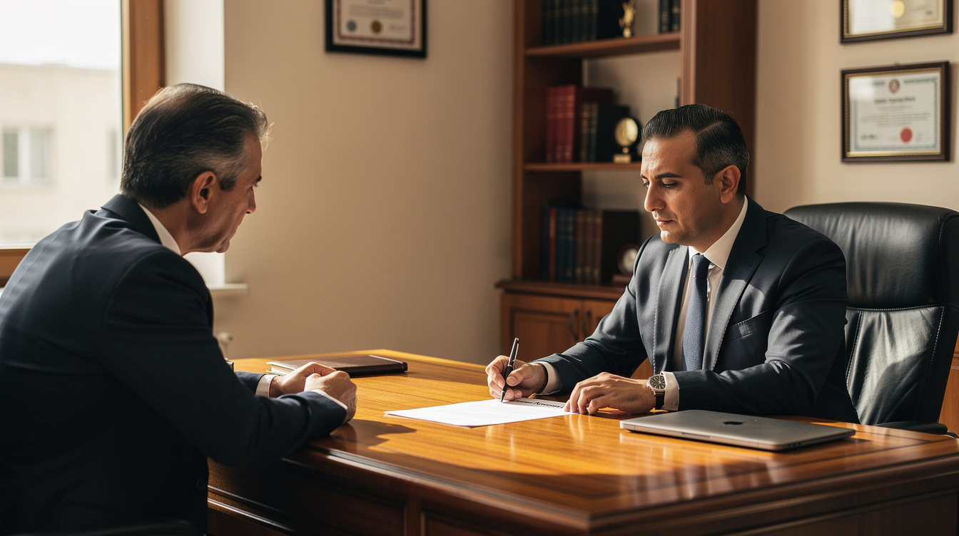 Lawyer and client reviewing a will document together at an office desk